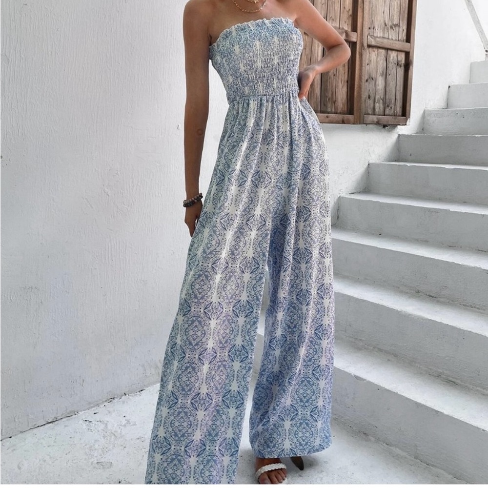 Blue And White Boho Womens Shirred Bodice Allover Print Jumpsuit
